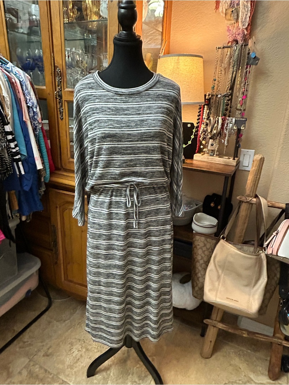 DownEast Striped Knit Midi Dress in Gray and White
